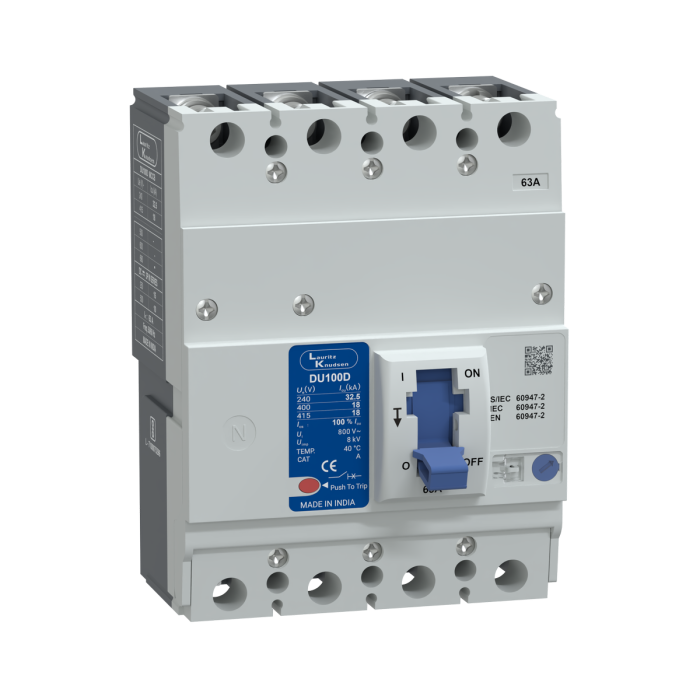 CM90518OOHO Lauritz Knudsen MCCB dsine DU100D - 63 A, 4 Pole, 18 kA at 415 V AC, Thermal-Magnetic Release